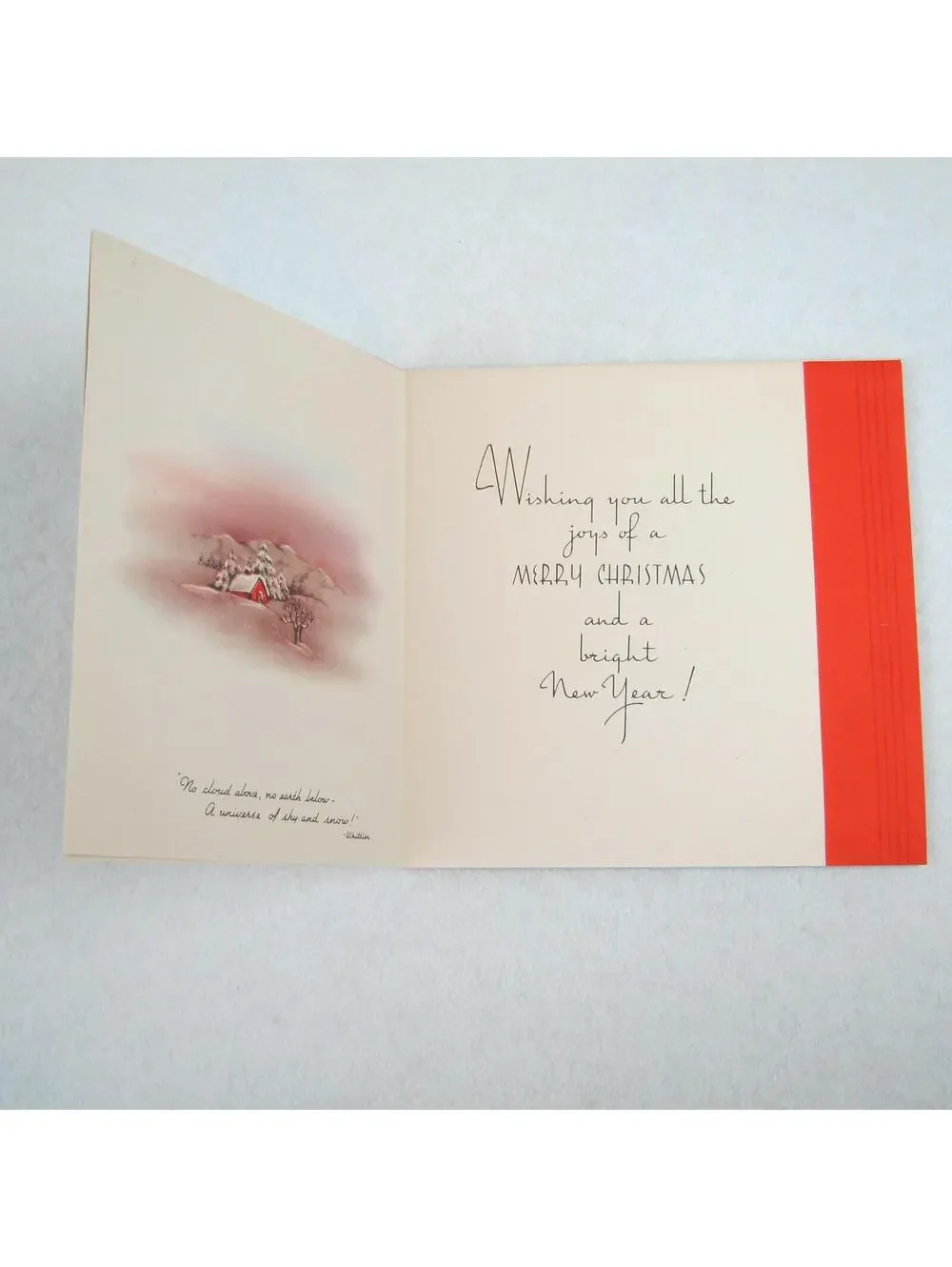 Vintage Christmas Card & Envelope Snow Cabin Stream John Greenleaf Whittier Poem